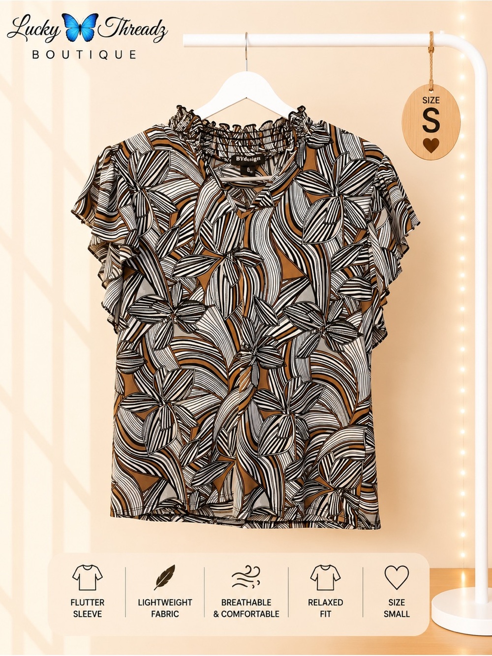 Floral Swirl Flutter Sleeve Boho V-Neck Blouse Small